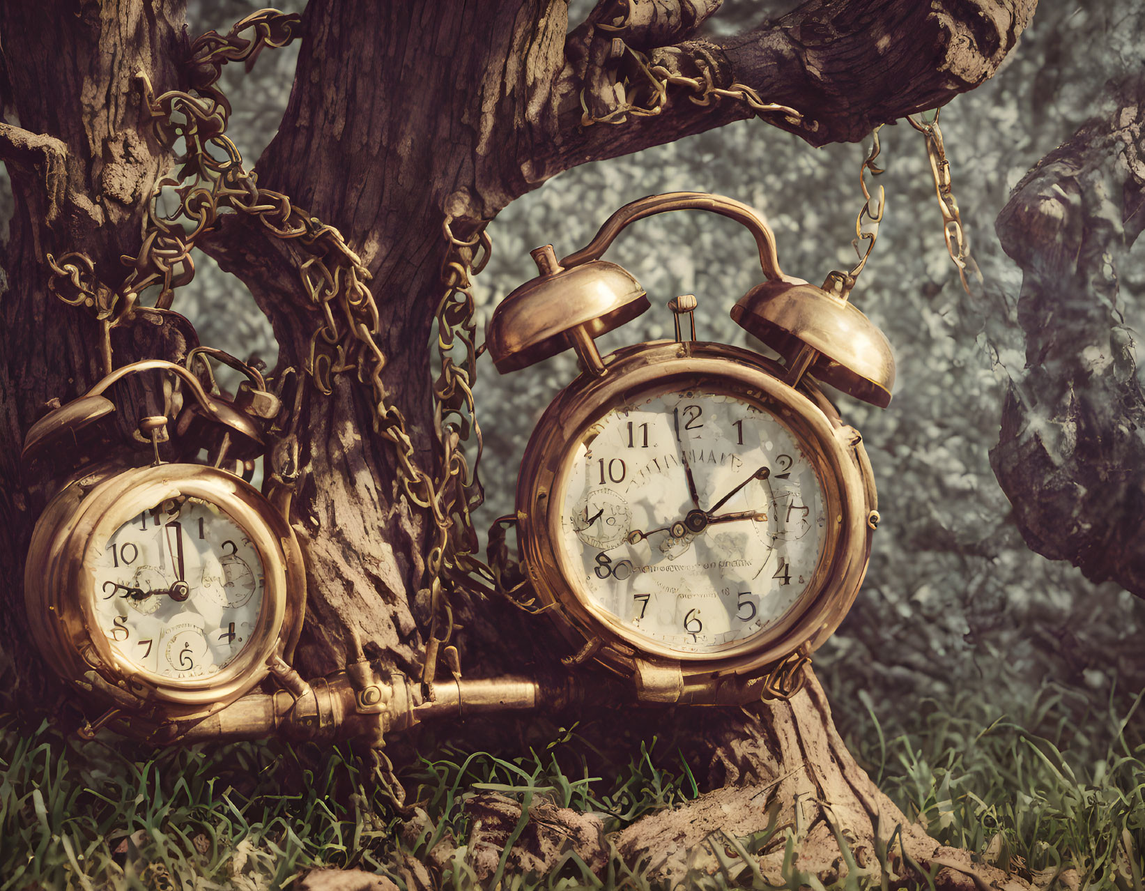 Vintage Chained Alarm Clocks Hanging from Tree Branches on Textured Background