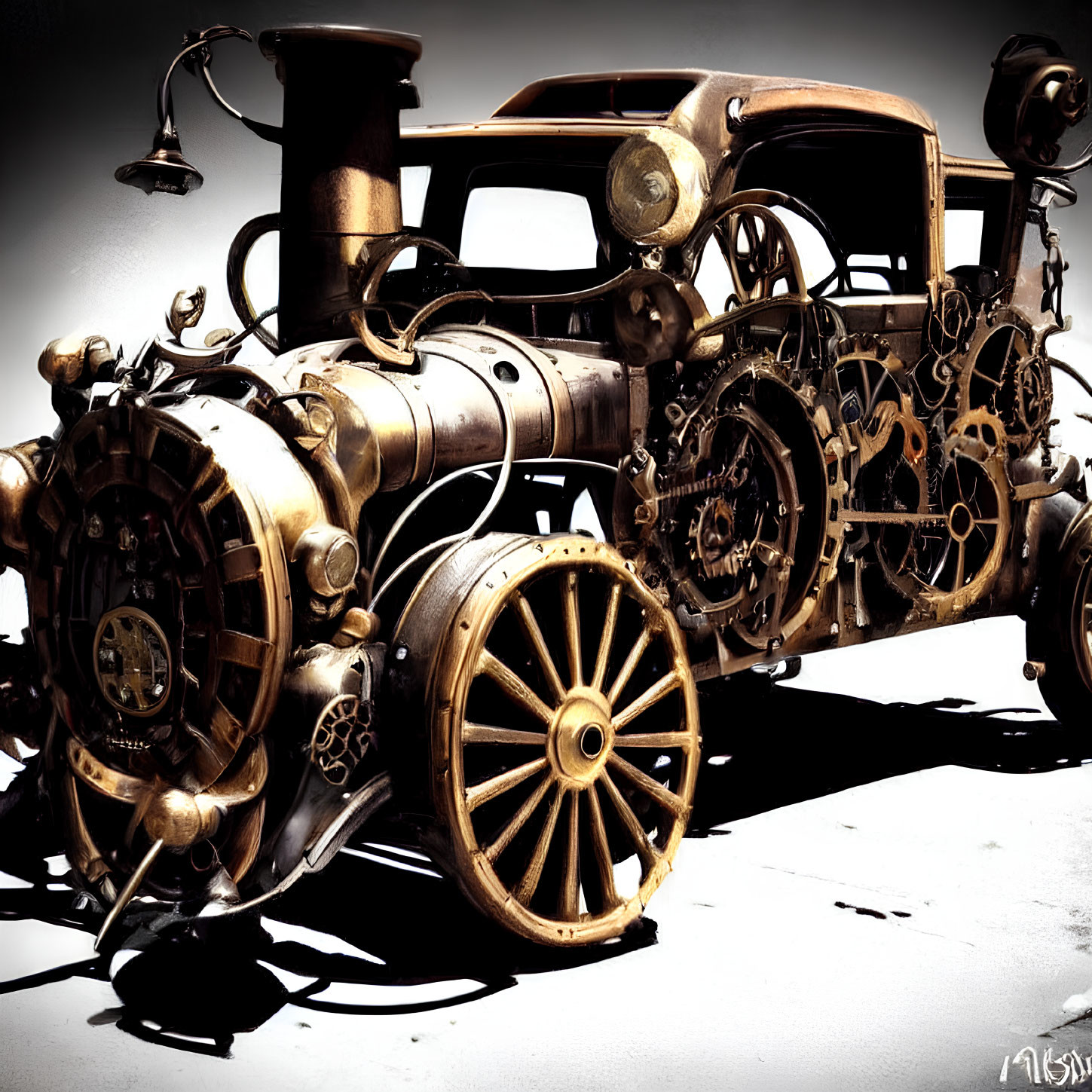 Steampunk-inspired vehicle with intricate metalwork, gears, and vintage design