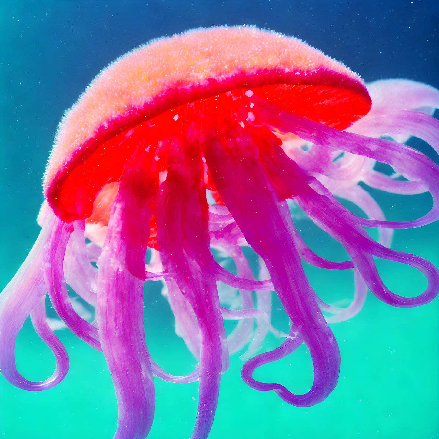 Vivid Orange and Pink Jellyfish Against Blue Gradient Background