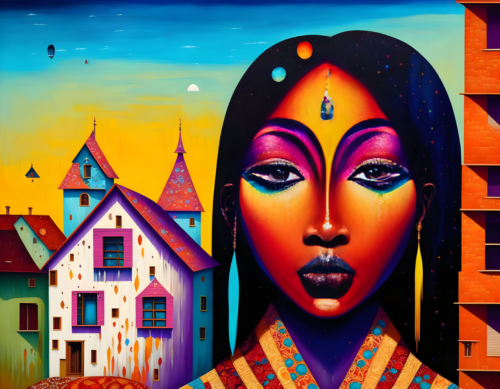 Colorful European-Style Village and Traditional Indian Makeup Artwork