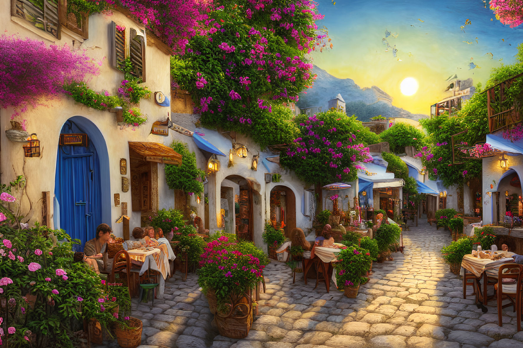 Charming cobblestone street with blooming flowers and al fresco dining at sunset