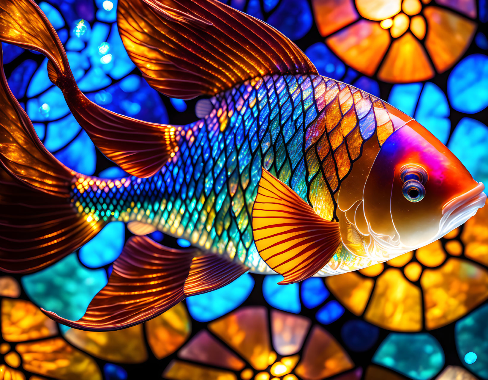 Colorful Glass Fish Sculpture in Vibrant Blue and Orange Mosaic