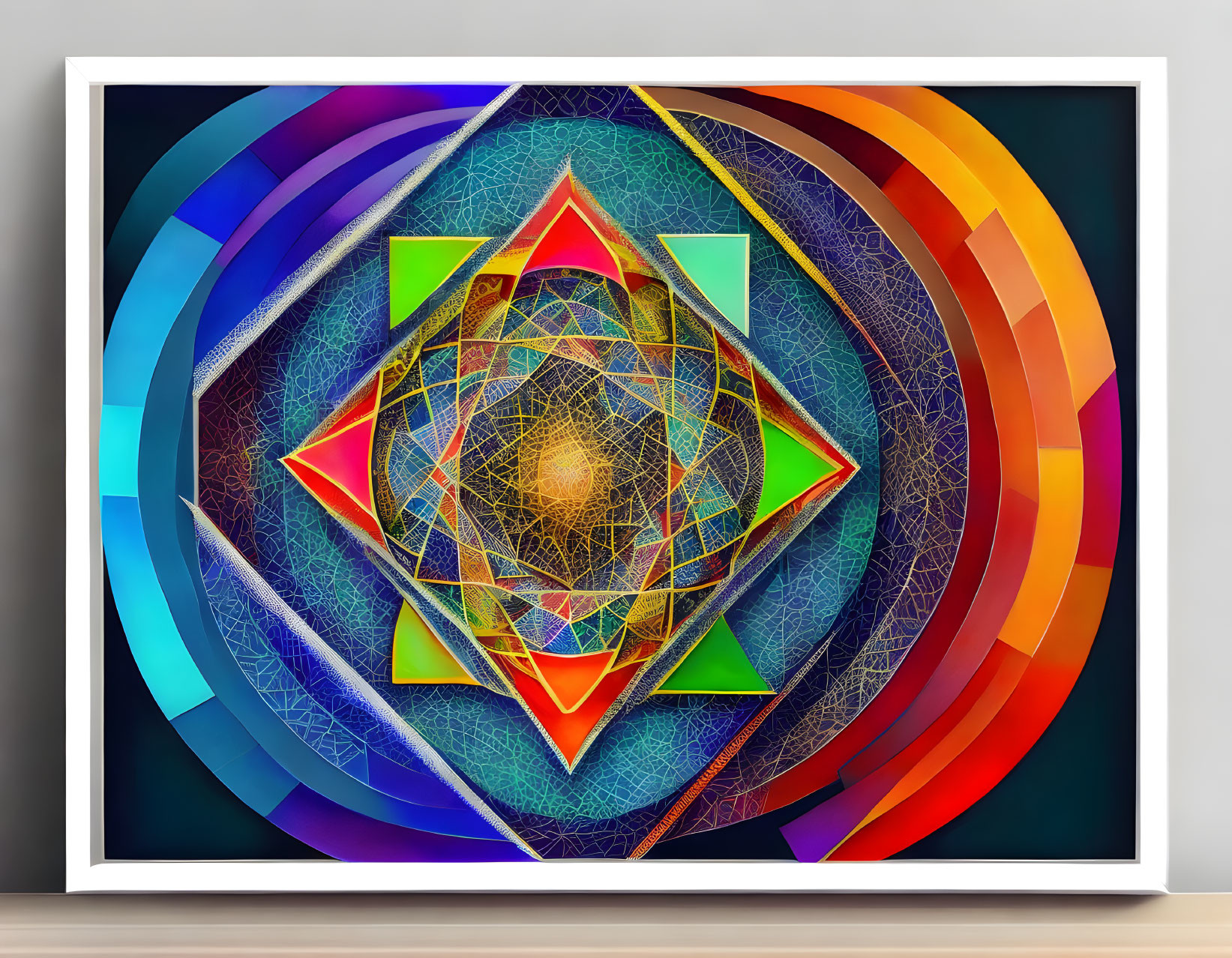 Colorful Geometric Mandala Art in White Frame