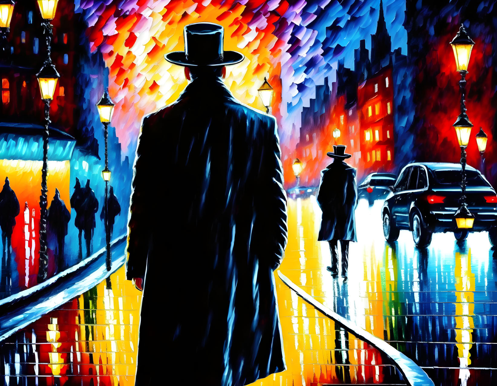 Colorful painting of silhouetted figures in hats and coats walking in rainy city street at night