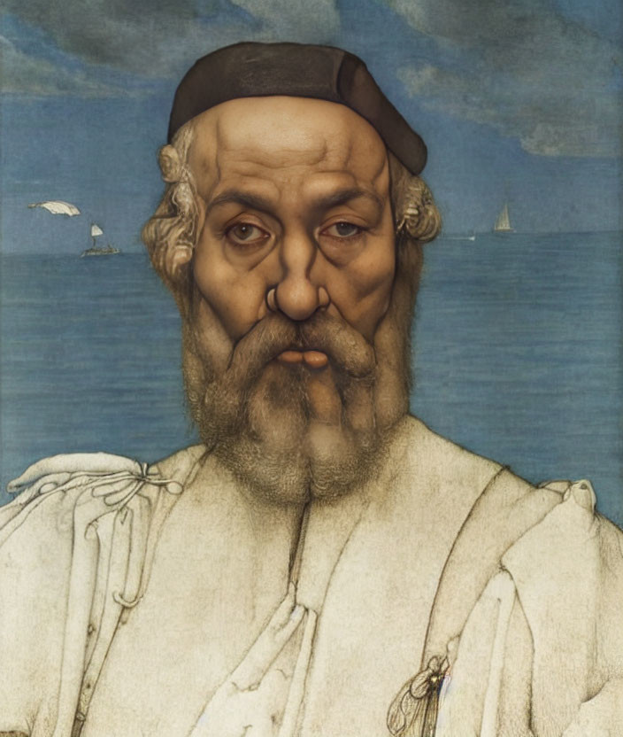 Portrait of stern man in black cap with sea & boats in background