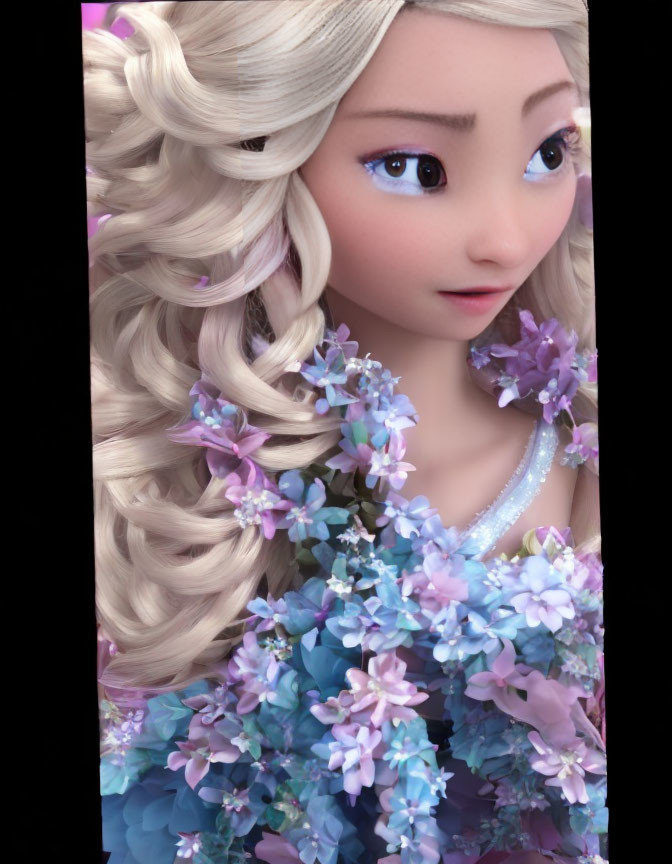 3D animated character with blue eyes and curly blonde hair adorned with purple and blue flowers