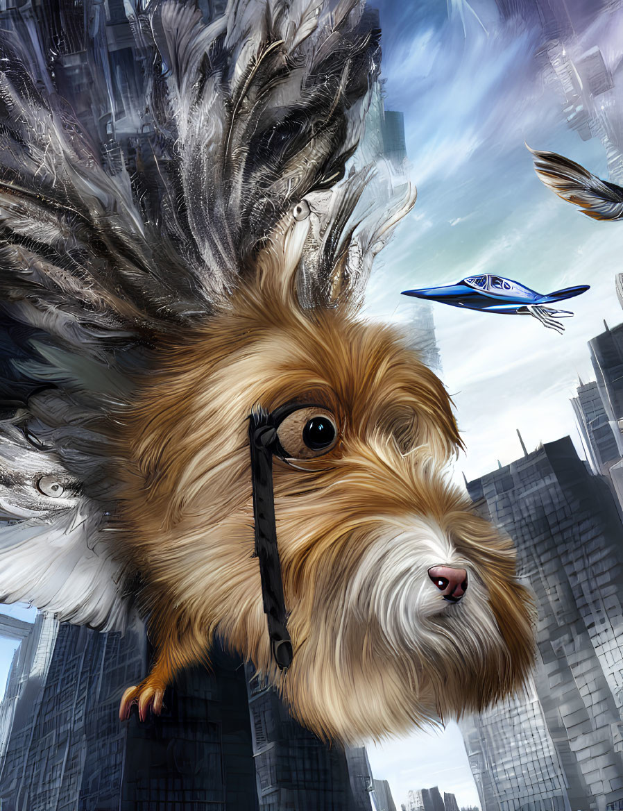 Giant winged dog flying over futuristic cityscape with flying vehicles