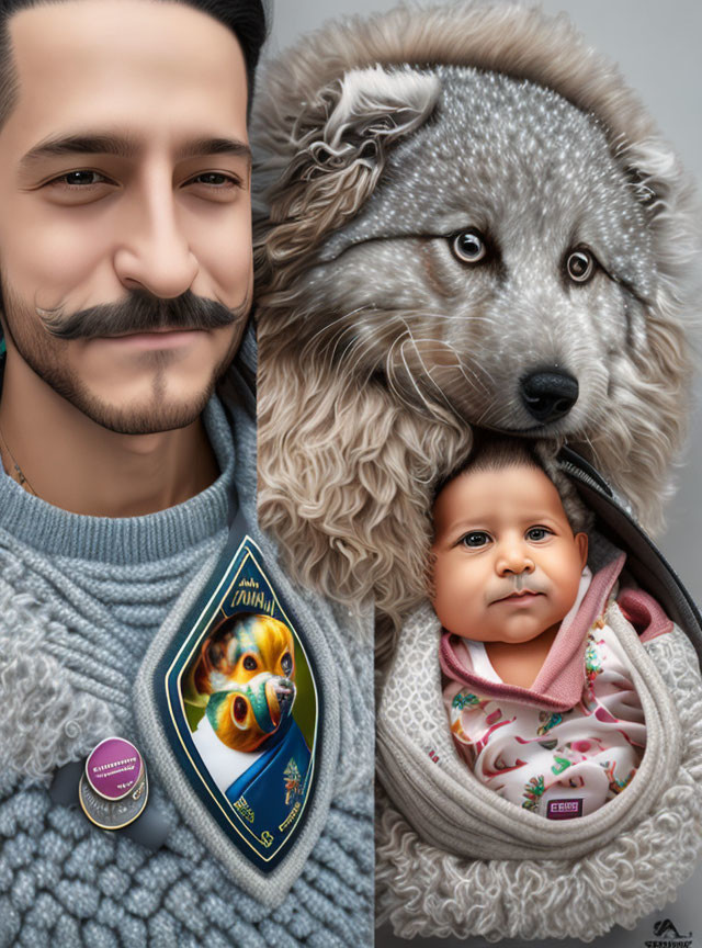 Digital artwork of man with mustache, baby in pink swaddle, and gentle grey dog.