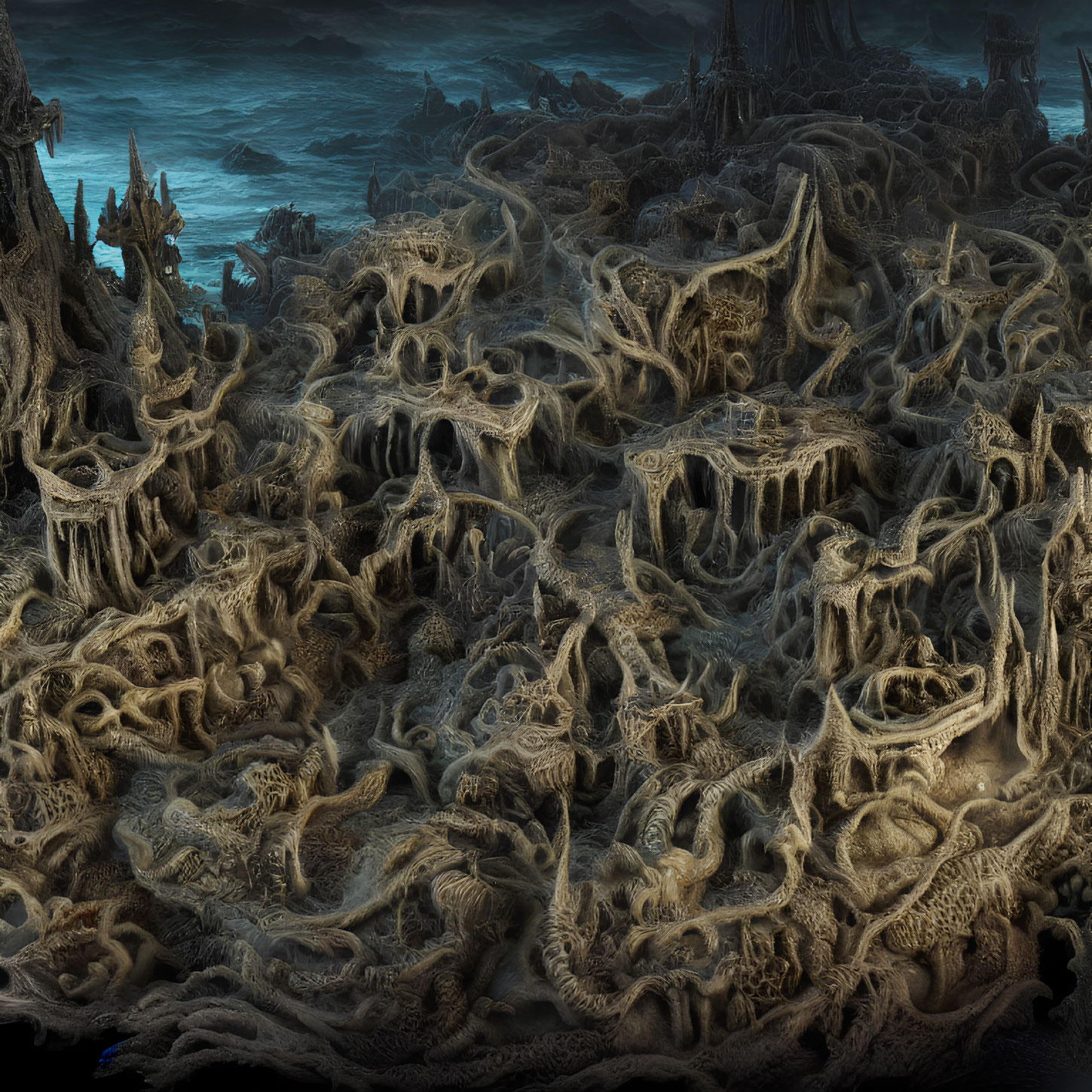 Detailed Surreal Landscape with Bone-like Structures and Textures