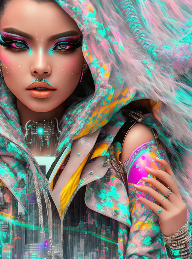 Vibrant digital artwork: Female figure with colorful makeup, rainbow hair, futuristic attire.