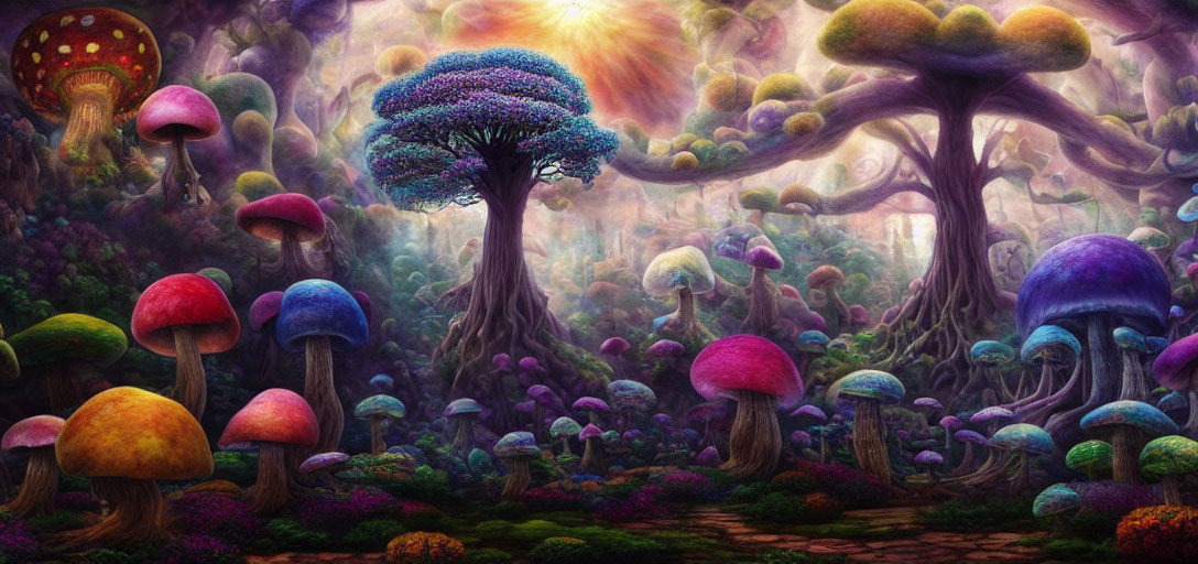 Colorful Oversized Mushroom Forest Under Sunlight-Dappled Sky