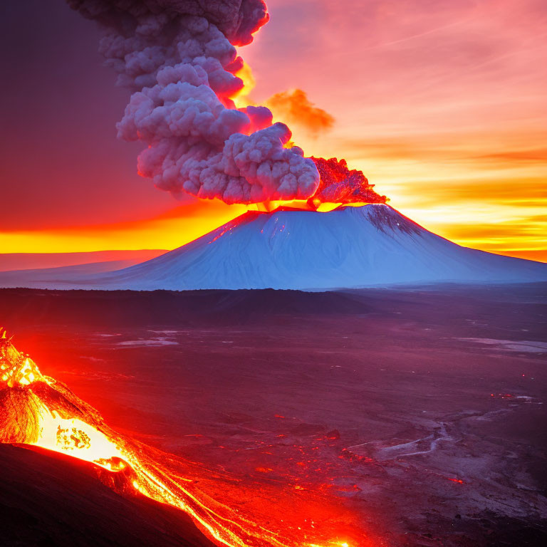 Twilight volcanic eruption with lava flow and ash plume