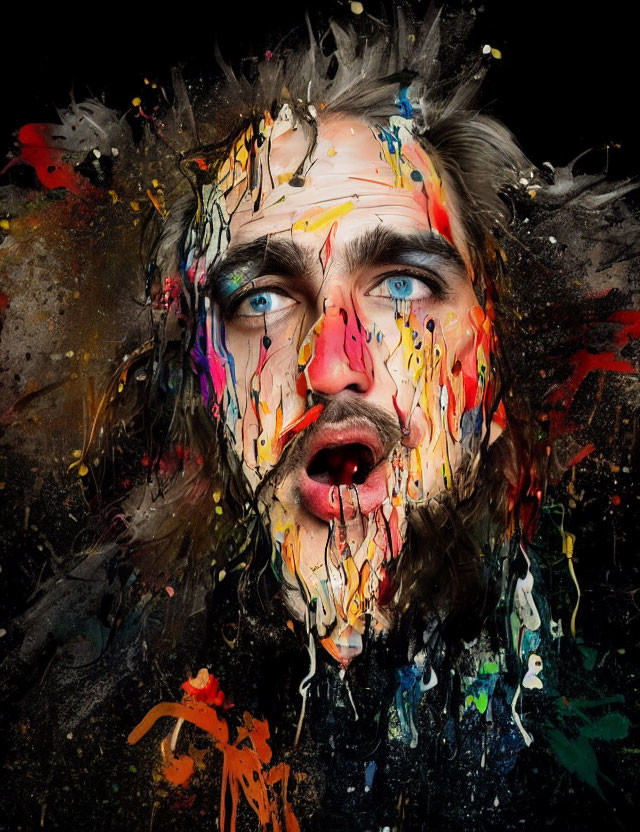 Intense blue-eyed man covered in vibrant paint splatters on black background