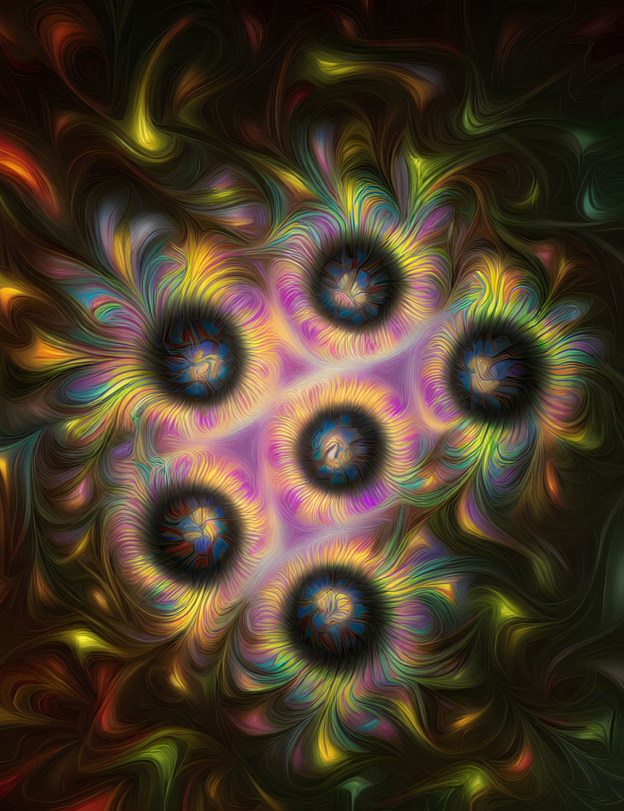 Colorful abstract fractal art with swirling patterns and flower shapes