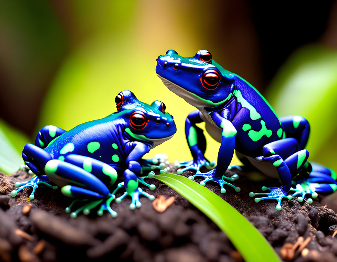 Vibrant Blue Poison Dart Frogs on Green Leaf