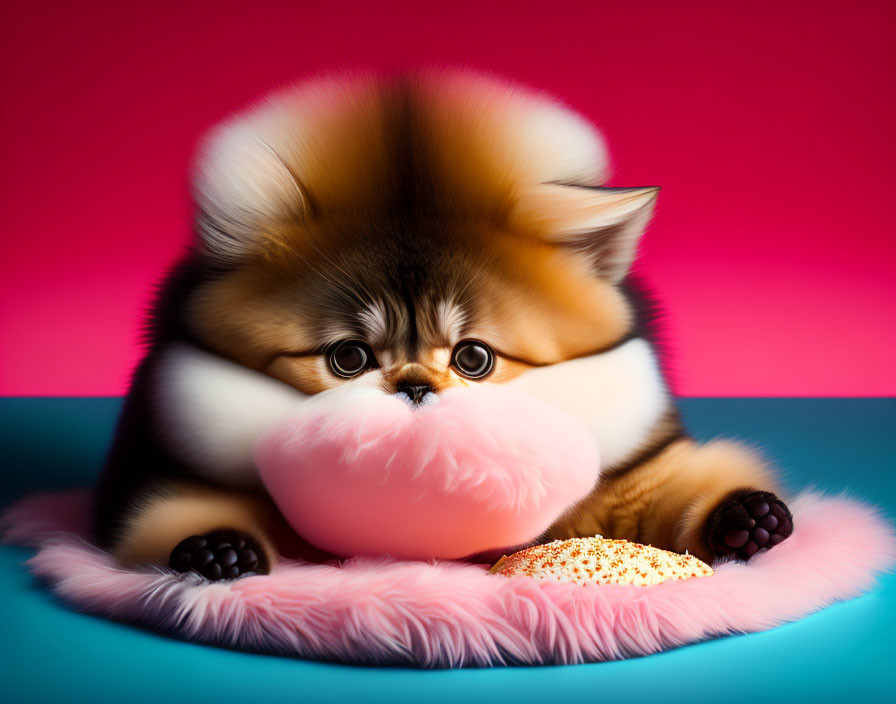 Adorable Pomeranian Dog with Big Eyes Hugging Cotton Candy on Pink Mat