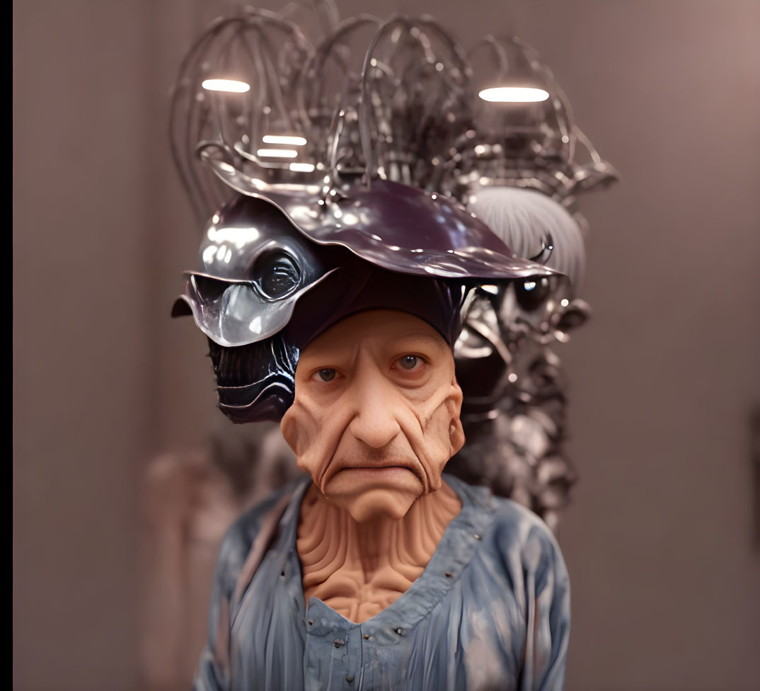 Hyperrealistic Elderly Person Sculpture with Futuristic Helmet and Blurred Background