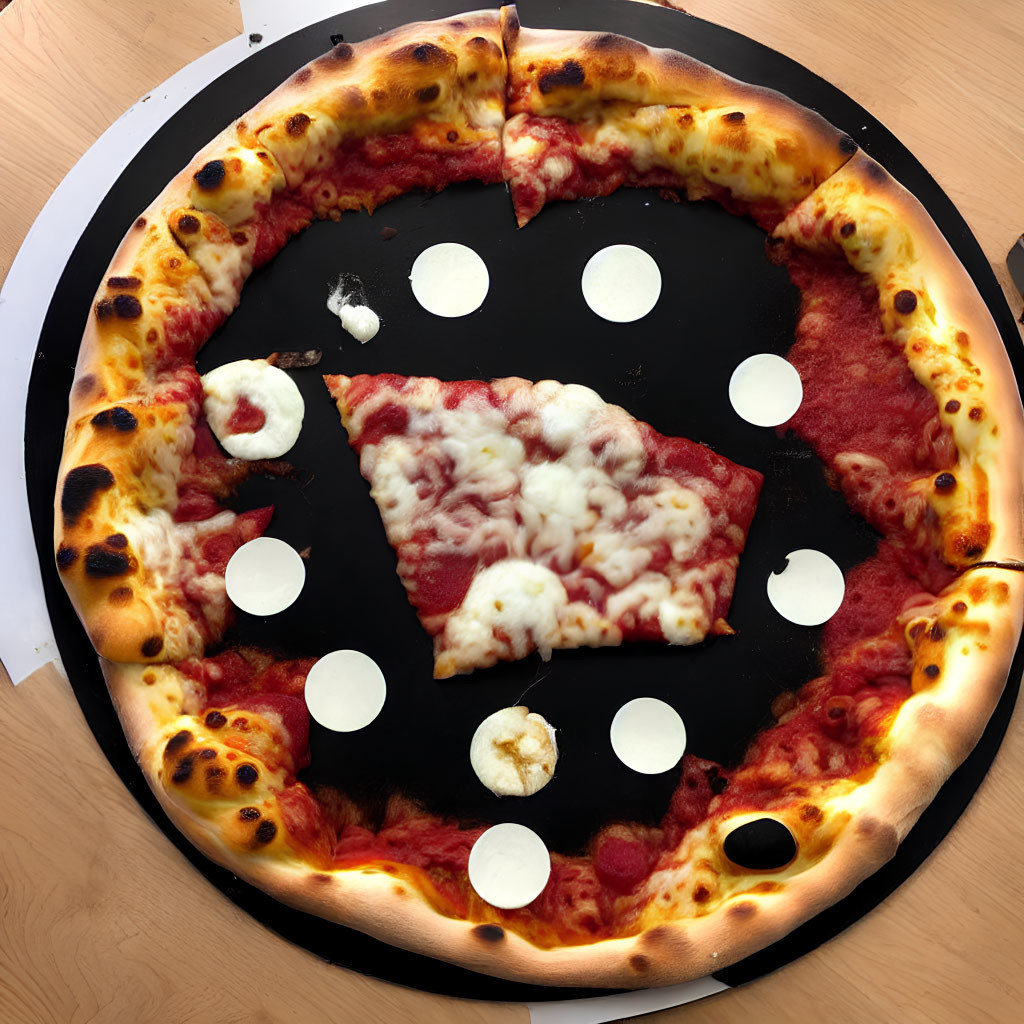 Cheese pizza with slice removed on black tray with white holes