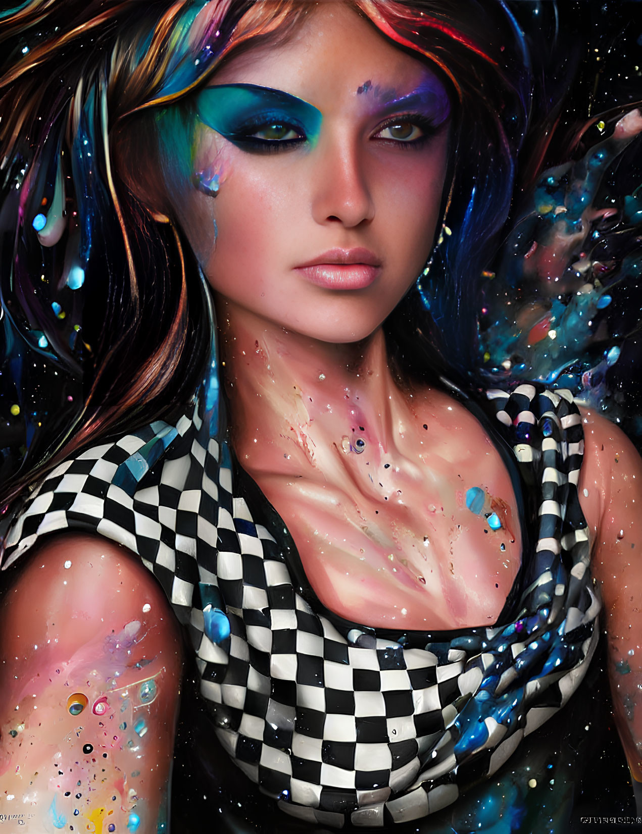 Colorful Cosmic Makeup and Checkered Outfit in Digital Portrait