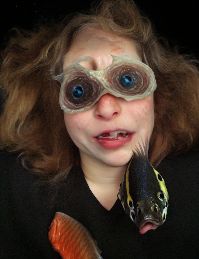 Distorted facial features with enlarged eyes and fish mouth, fish superimposed.