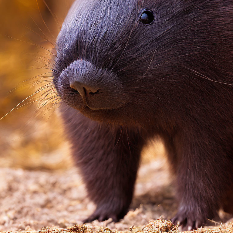 Detailed view of capybara head with dark eyes and whiskers on textured fur against amber background