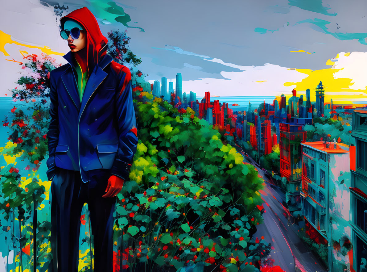 Person in red hoodie and sunglasses in vibrant cityscape.