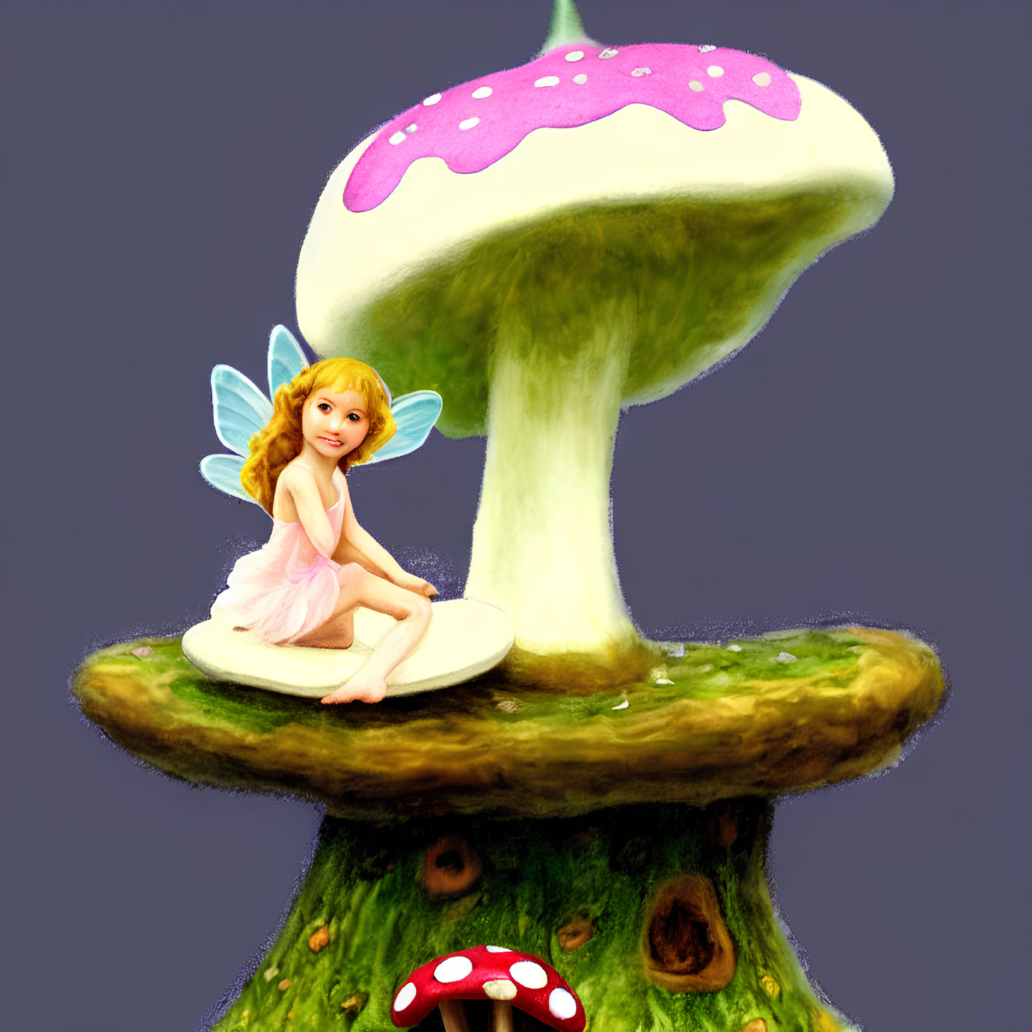 Colorful fairy on mushroom against plain background