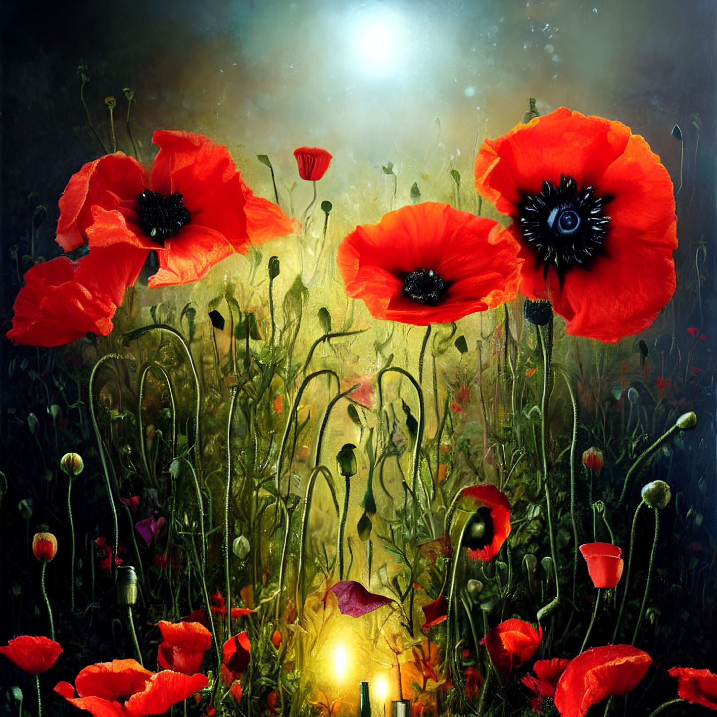 Mystical glowing sky illuminates vivid red poppies in a fantasy garden