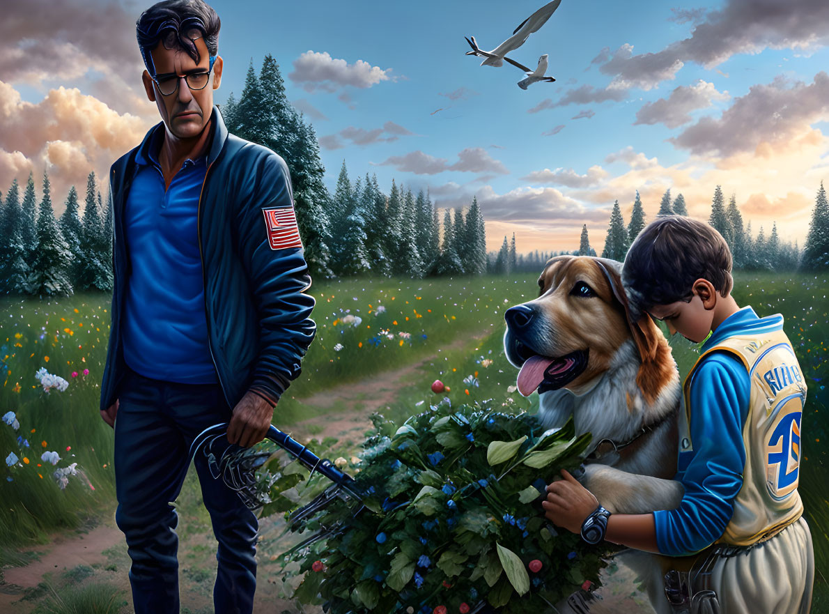 Man in blue jacket with American flag patch standing next to child hugging dog in serene landscape