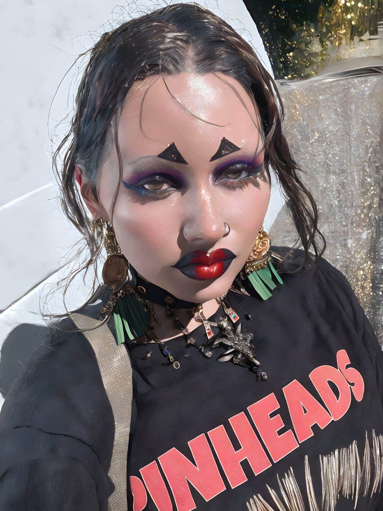 Bold Makeup and "PINHEADS" Shirt Model with Purple Eye Shadow and Large Earrings