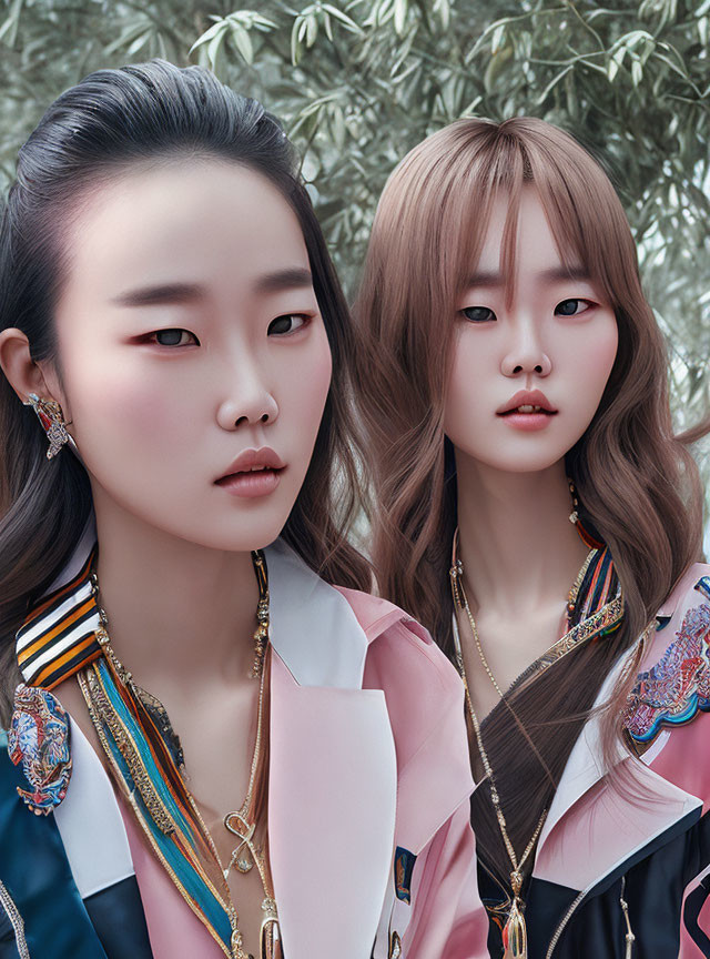 Two women in colorful outfits and ornate earrings against botanical backdrop