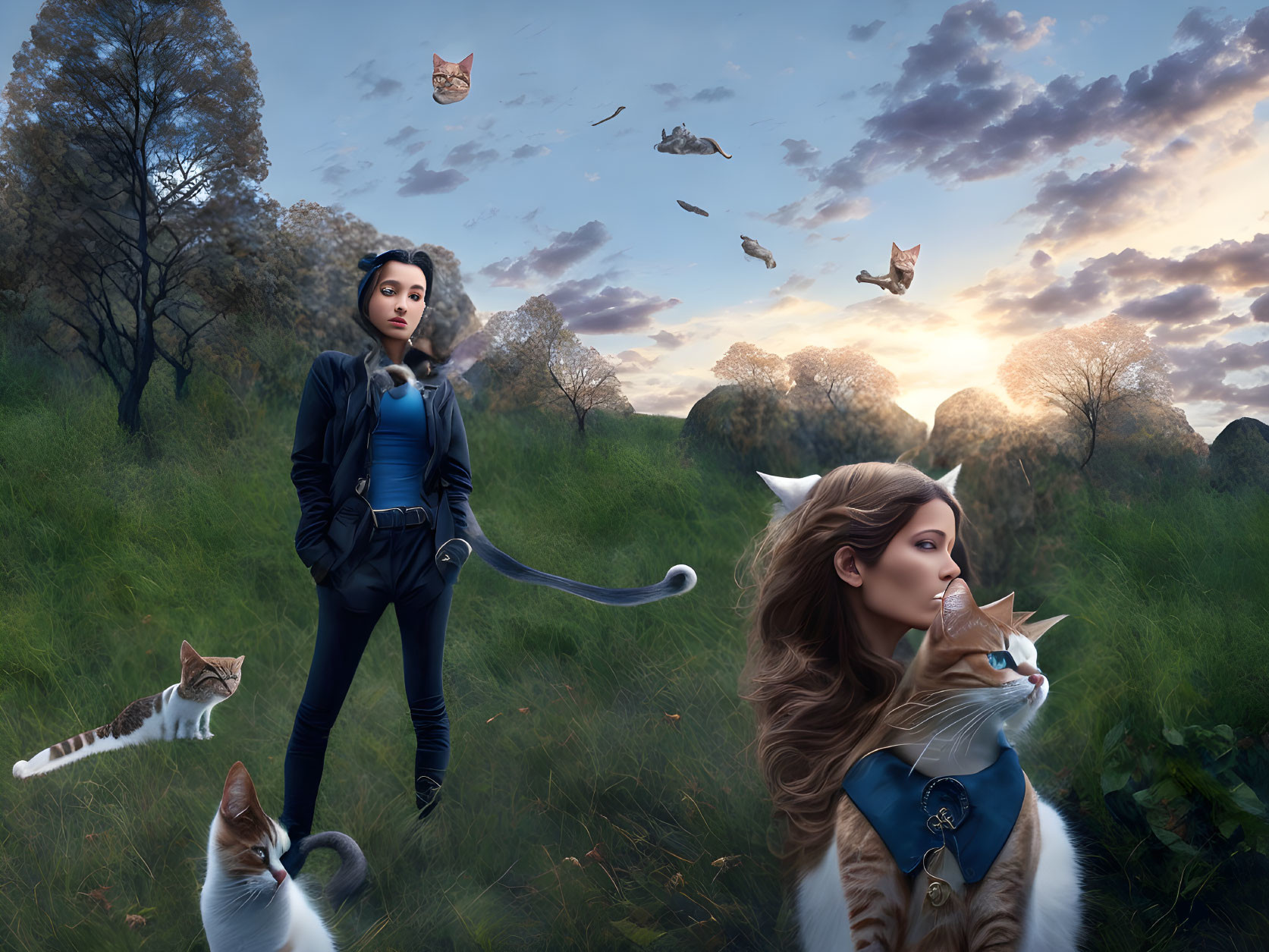 Woman with cat-like features in twilight meadow with floating books and cats