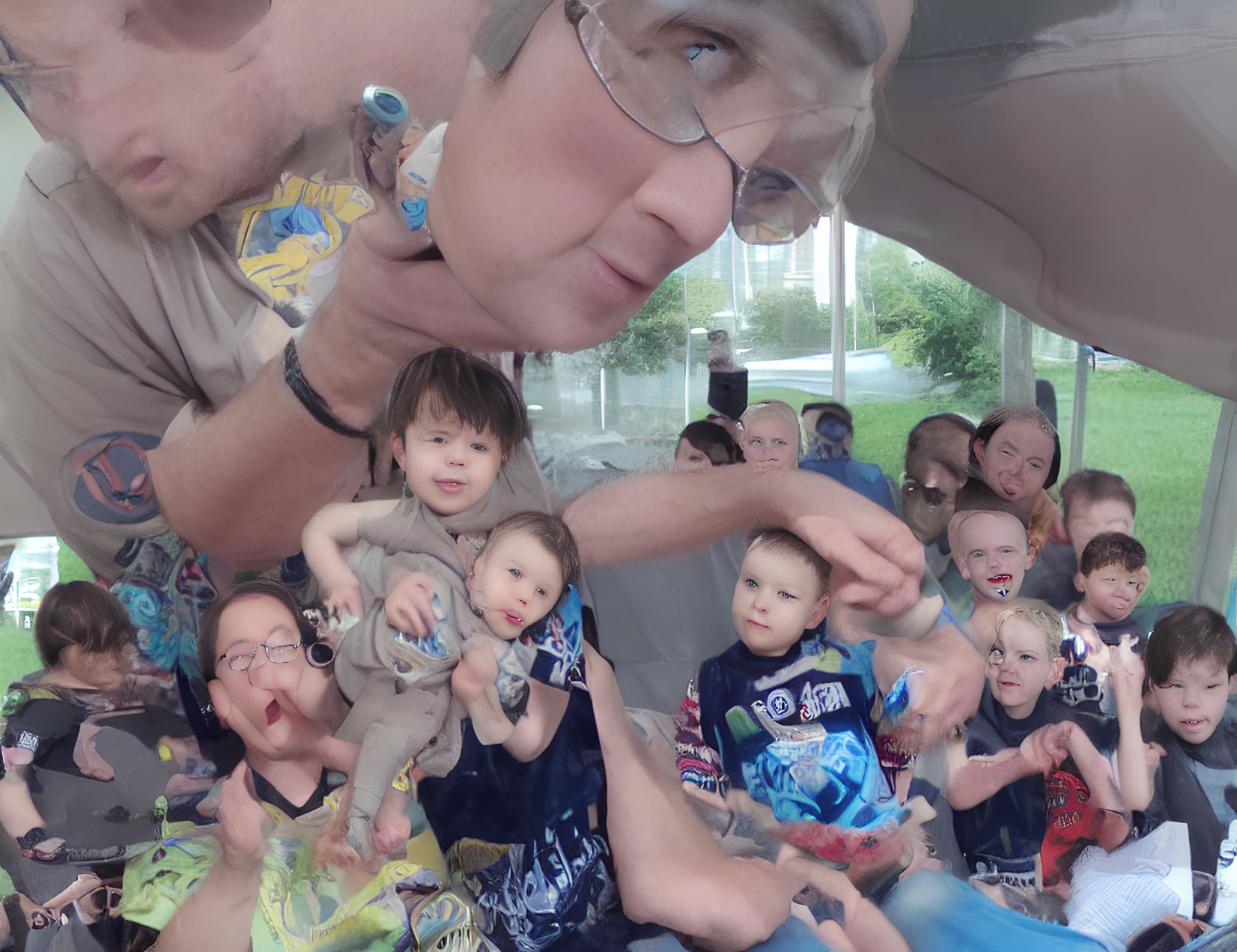 Blurred group photo with distorted faces in bouncy house