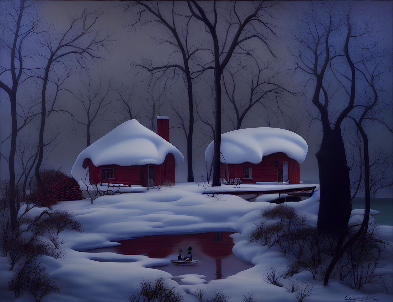 Snow-covered cabins by frozen lake at dusk