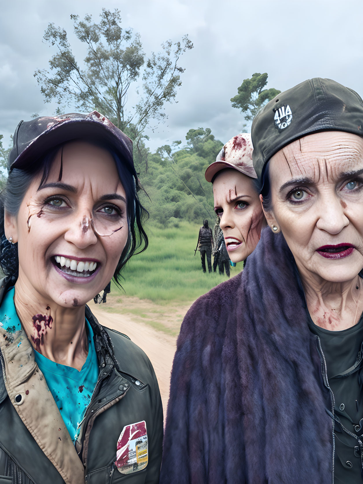 Three women with simulated injuries in zombie outbreak scenario, smiling with trees and figure in background