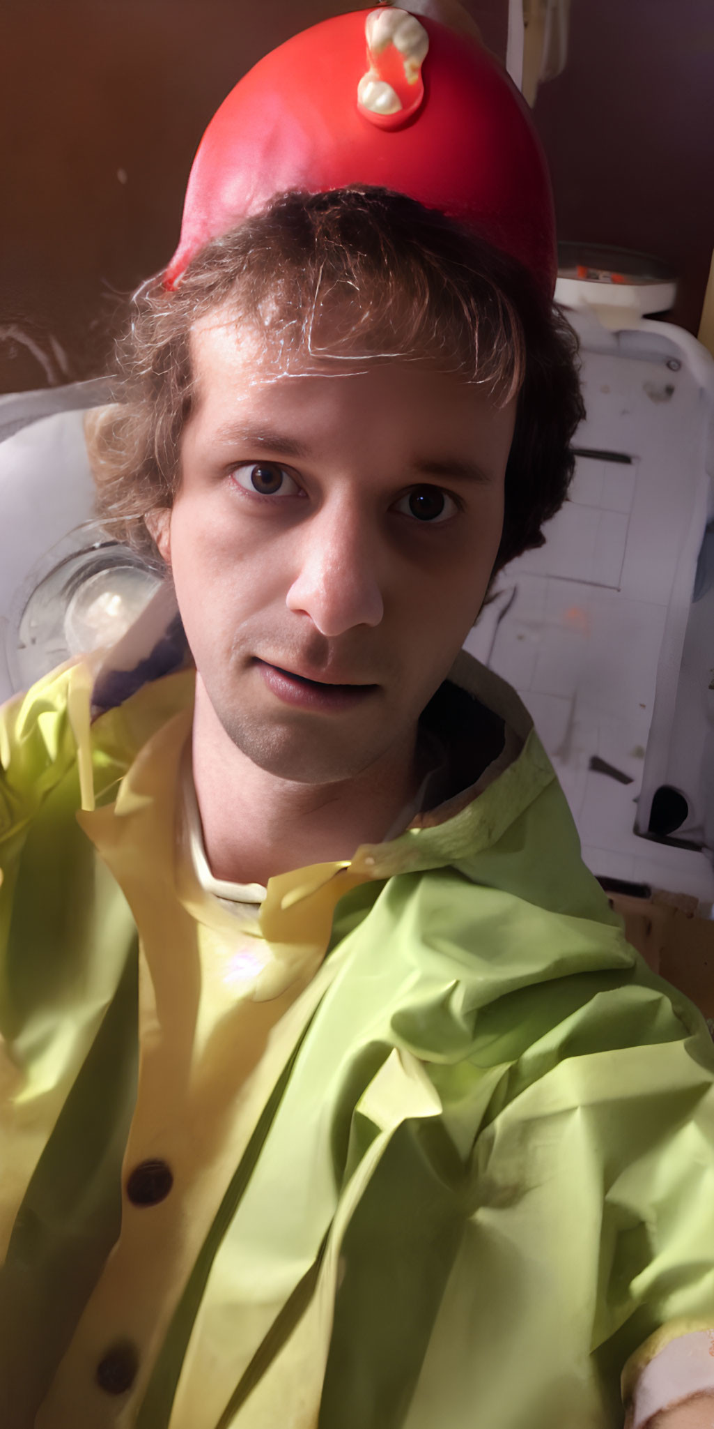 Person in Yellow Jacket and Red Cap with Heart Emblem Taking Selfie in Soft Lighting