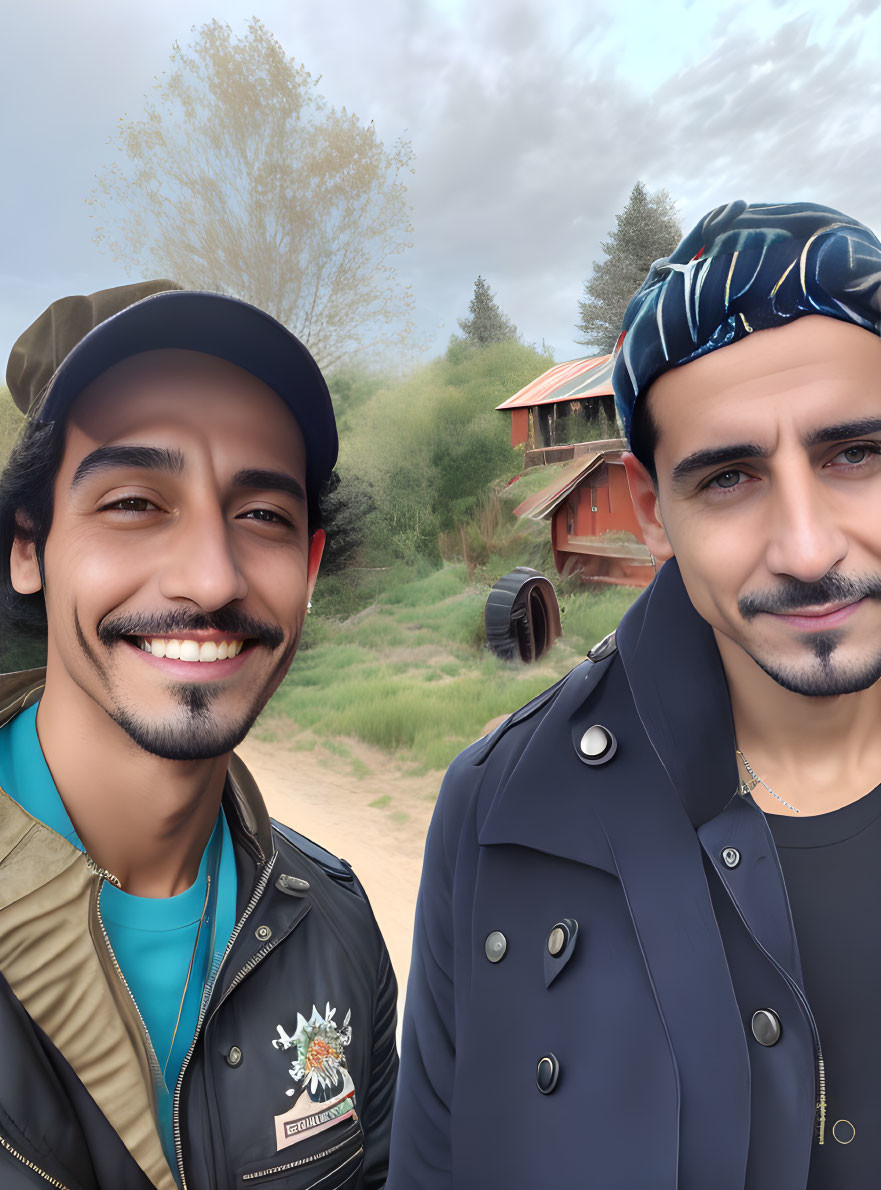 Two men smiling outdoors, one in cap and black jacket, the other in blue bandana and navy