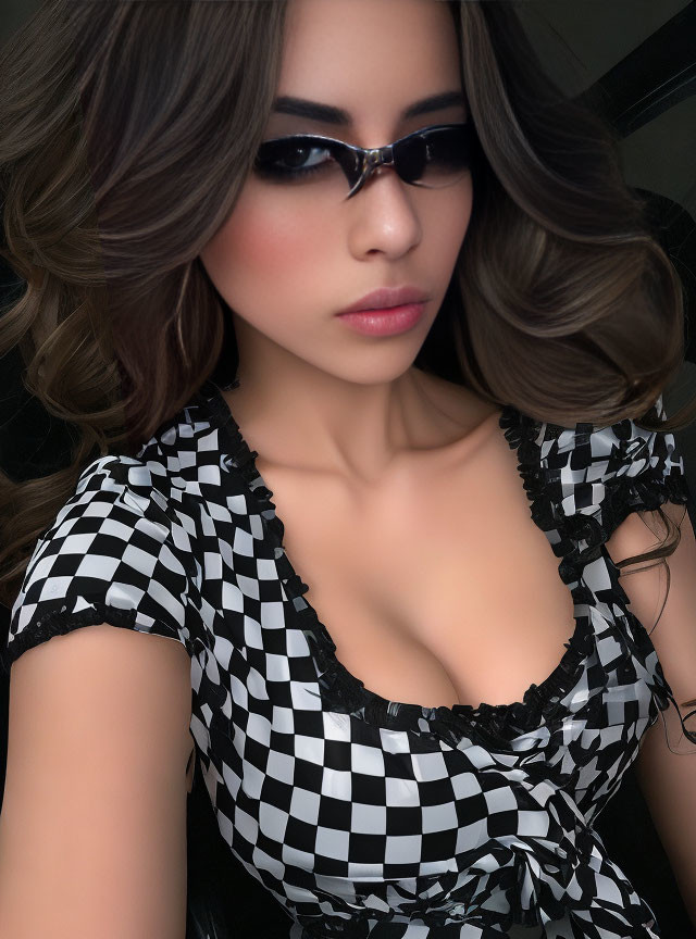 Woman with Wavy Hair in Checkered Dress and Sunglasses