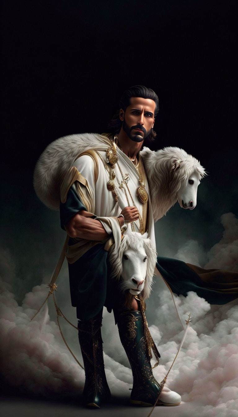Regal man with white lions in fur cape and golden chains