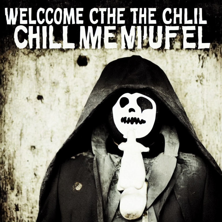 Hooded figure in skull mask against grungy background with distorted text