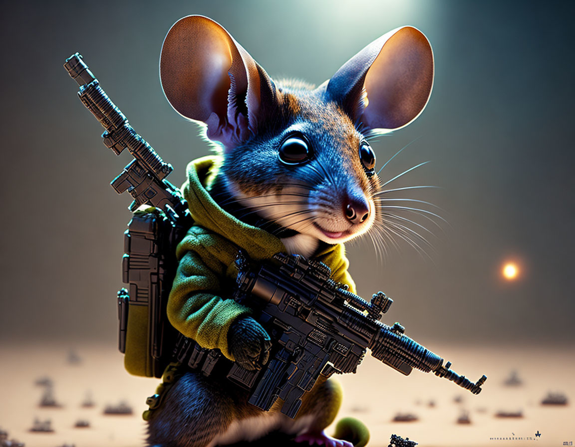 Digitally altered image of mouse with oversized ears holding miniature assault rifle in military jacket