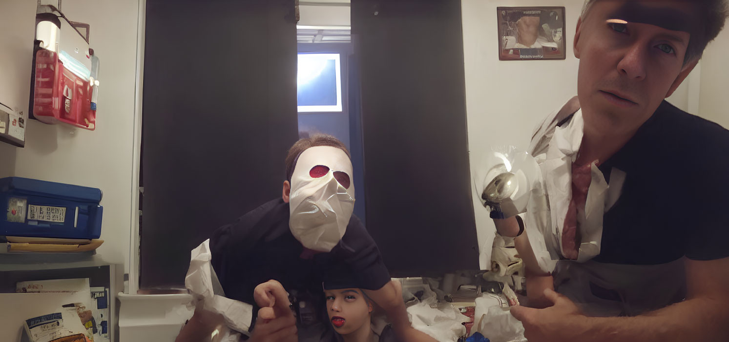 Person in White Mask Crouching Next to Child in Cluttered Room