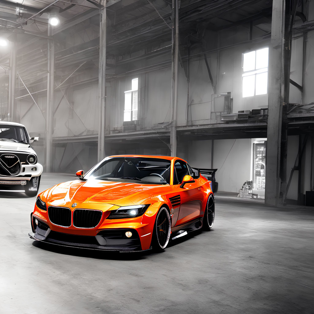 Sleek Orange Sports Car in Industrial Warehouse