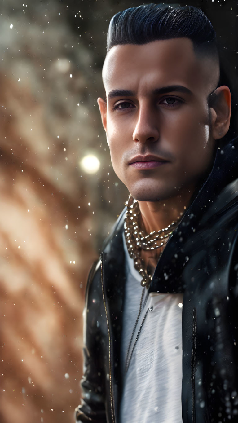 Stylized portrait of a man with slicked-back hair and jewelry in bokeh light effect