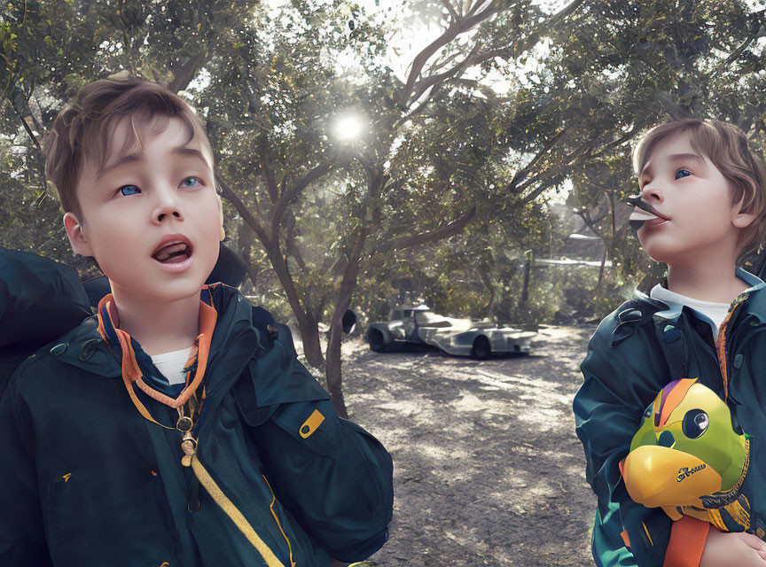 Children playing in forest with toy plane and whistle, go-kart in background