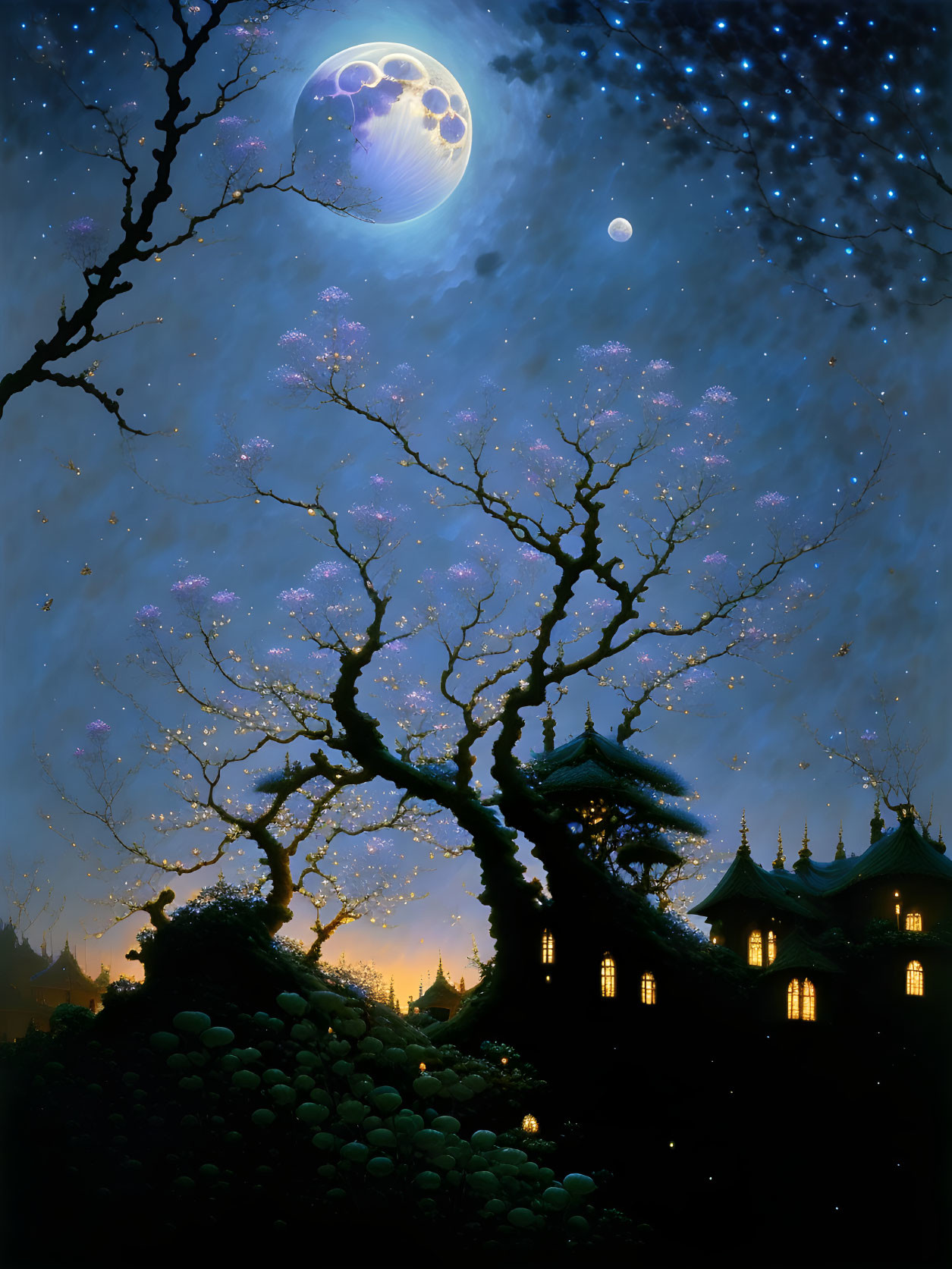 Night scene with glowing blossoms, traditional buildings, moon with rings, starry sky