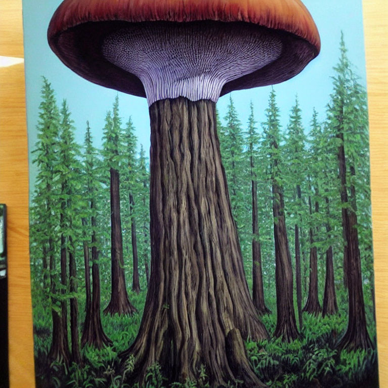 Surreal giant mushroom in dense coniferous forest