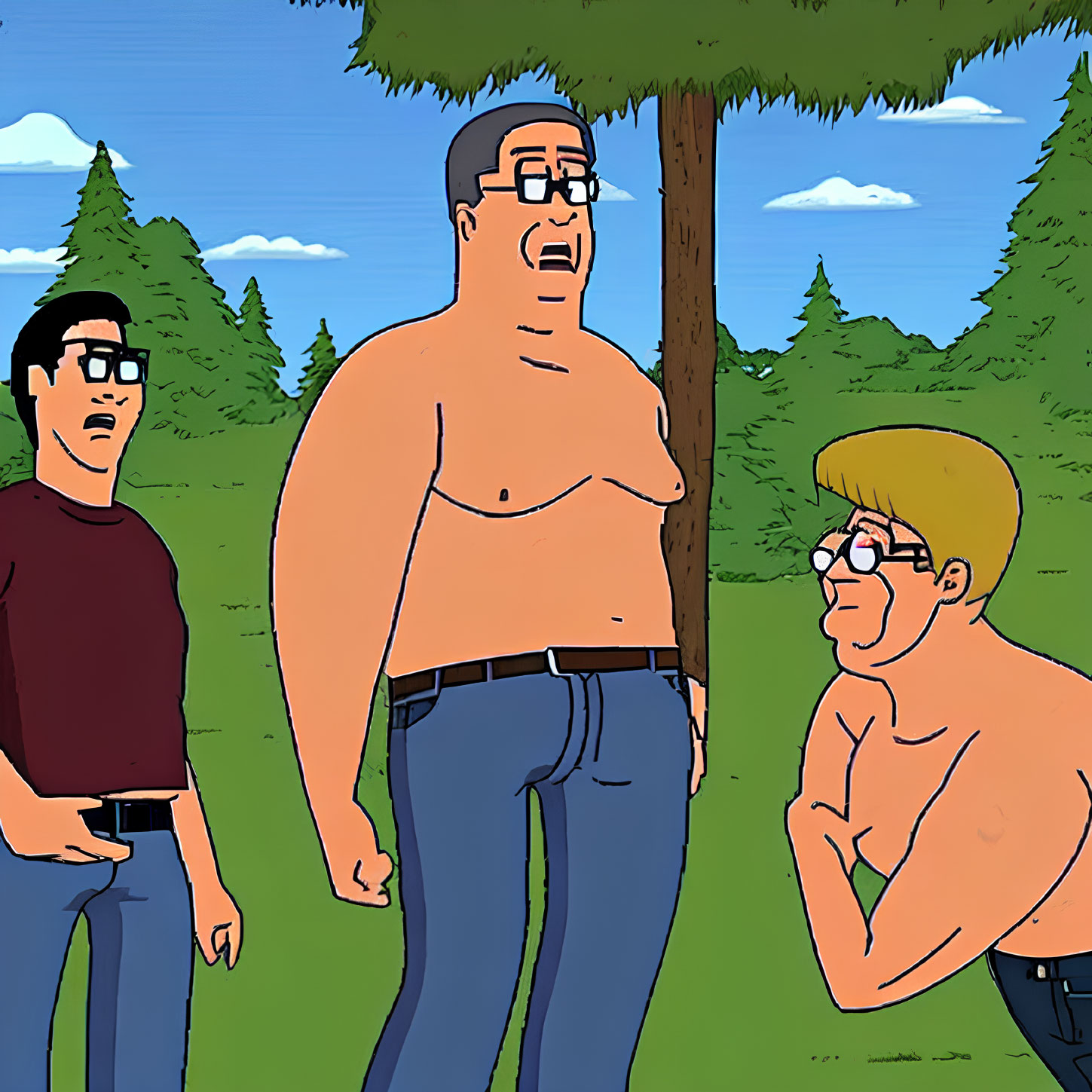 Three animated characters in forest: two shirtless men and one in red shirt, looking surprised.