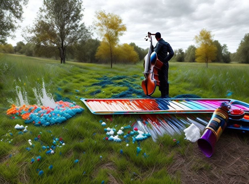 Cello player on grass field with colorful paint streaks