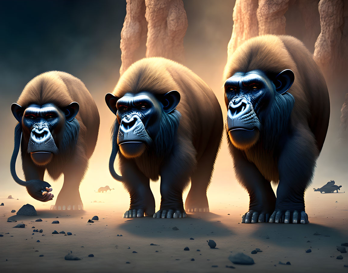 Three muscular gorillas under dramatic sky: powerful and determined gaze.